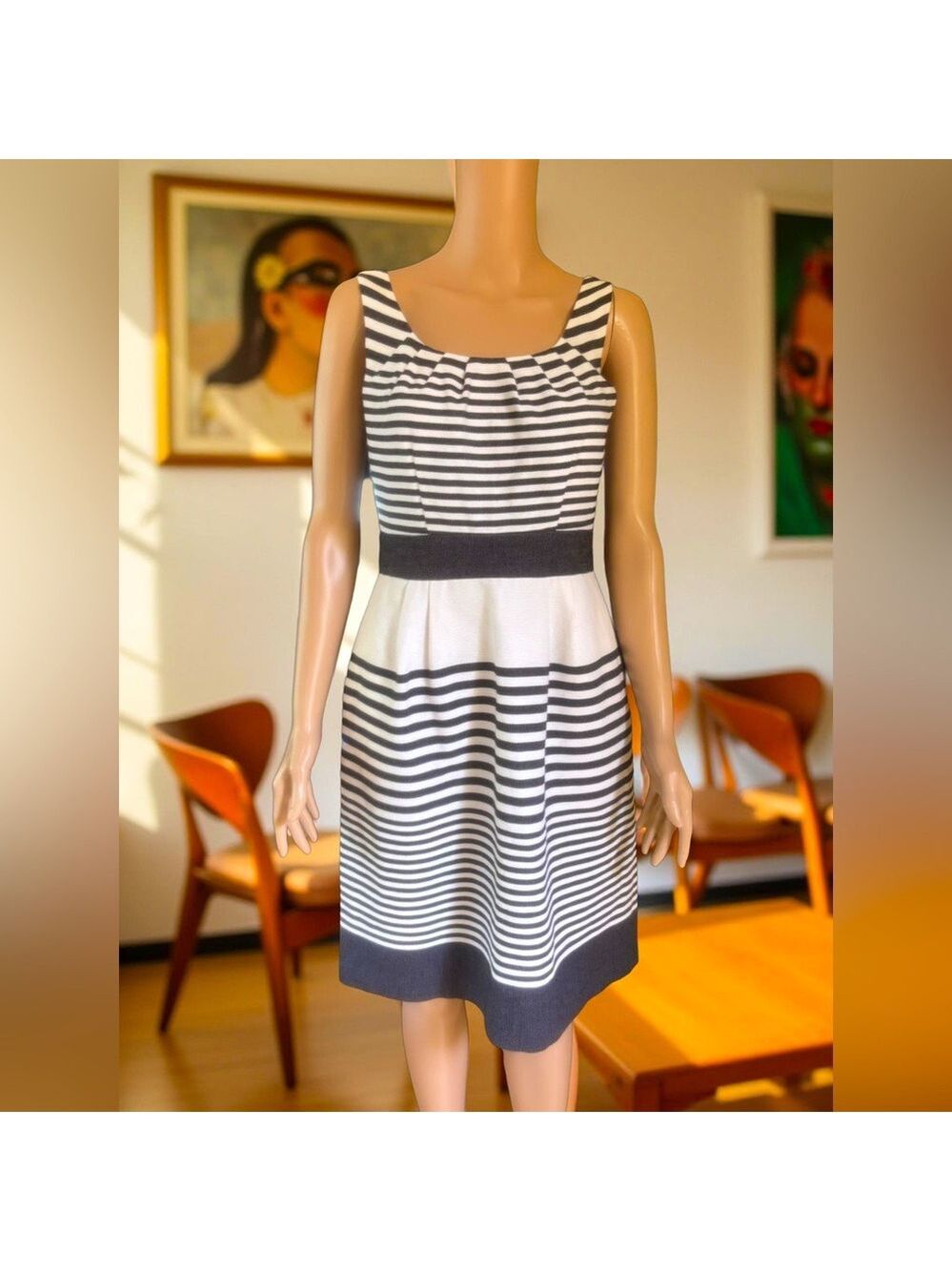 Banana Republic Dress Gray & White Sleeveless Pleated A-Line Midi  size 2